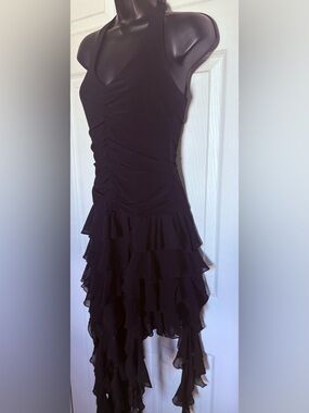 Betsy & Adam Black Ruffled High-Low Halter Dress